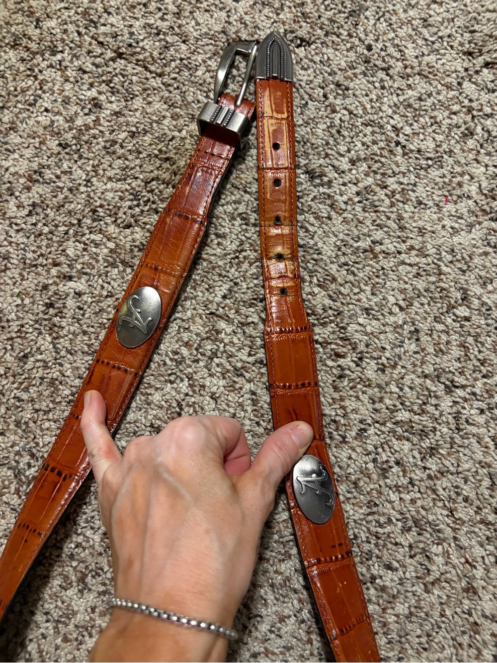 Zep-Pro Men's Brown Croc-Embossed Leather Belt with Silver Accents 40